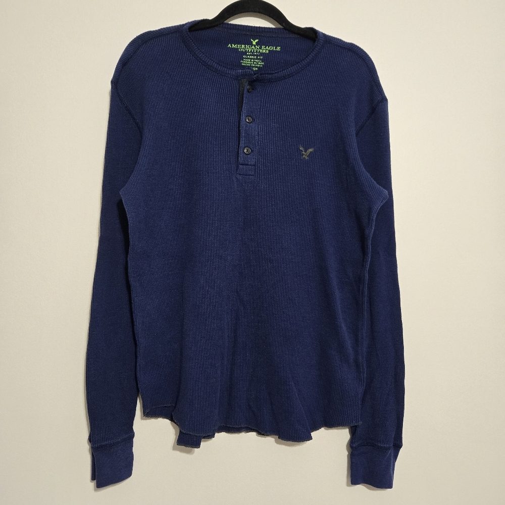 American Eagle Outfitters waffle-knit Henley long-sleeve shirt Blue Size S